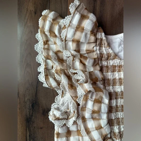 Matilda Jane Size 14 Gingham Smocked Top Cottagecore Lace Ruffle Blouse - Picture 5 of 8